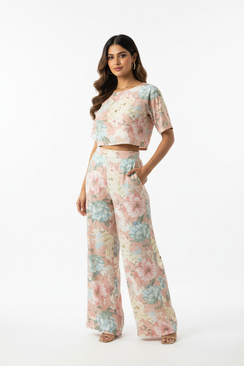 Indian woman wearing a floral coord set