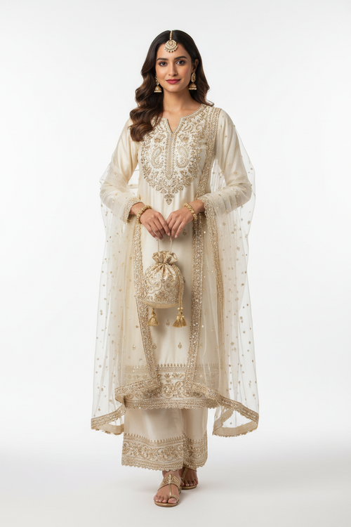 Indian woman wearing an elegant ethnic three piece kurta set