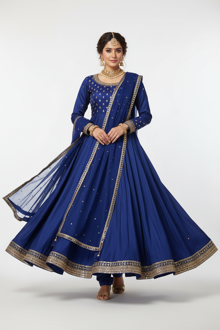 Indian woman wearing a flared Anarkali kurta with embroidered neckline