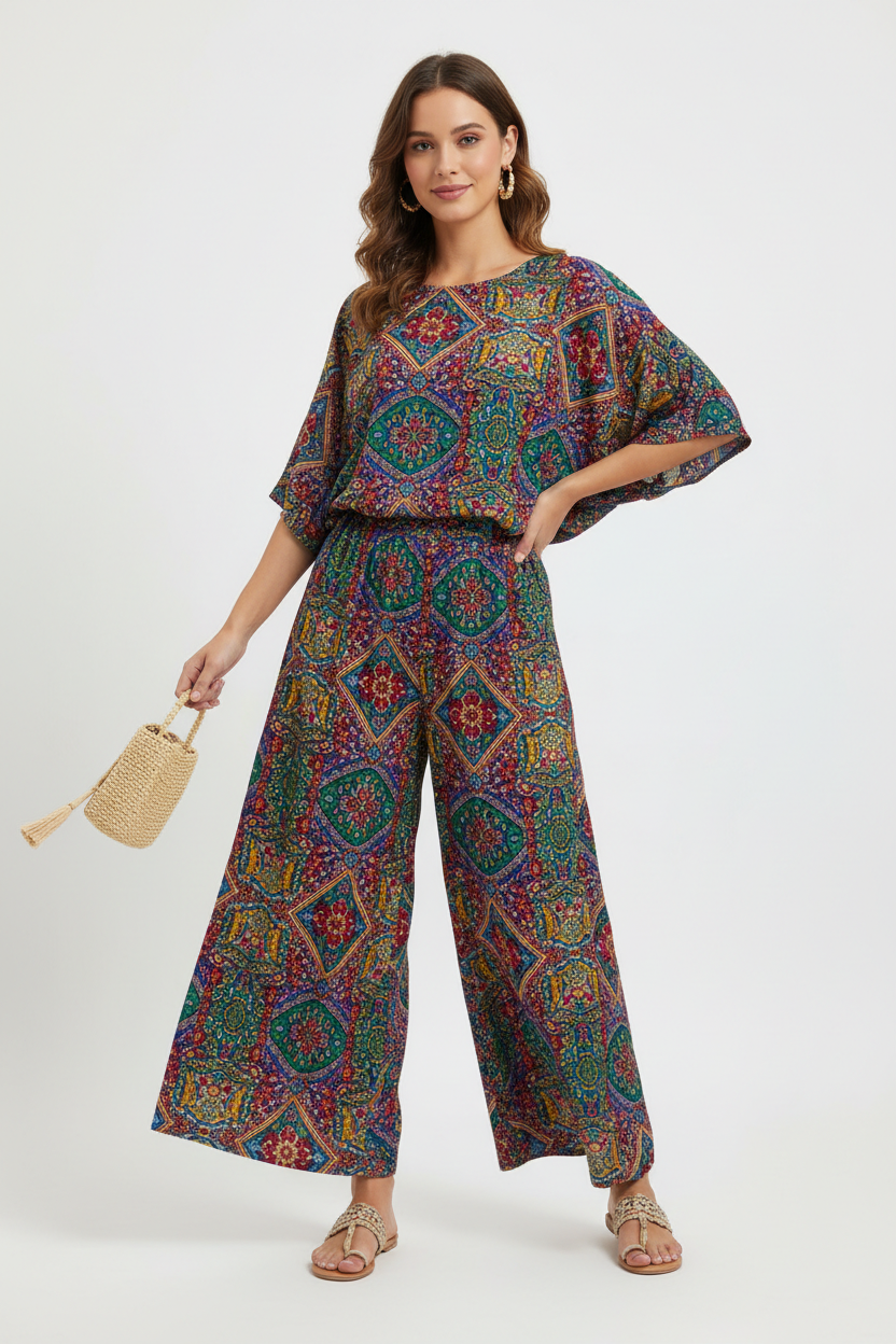 Indian woman wearing a printed palazzo pants set with wide-leg flowy pants